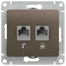 Розетка 2гн комп+ТФ RJ11+RJ45 с/у шоколад механизм Glossa Schneider Electric